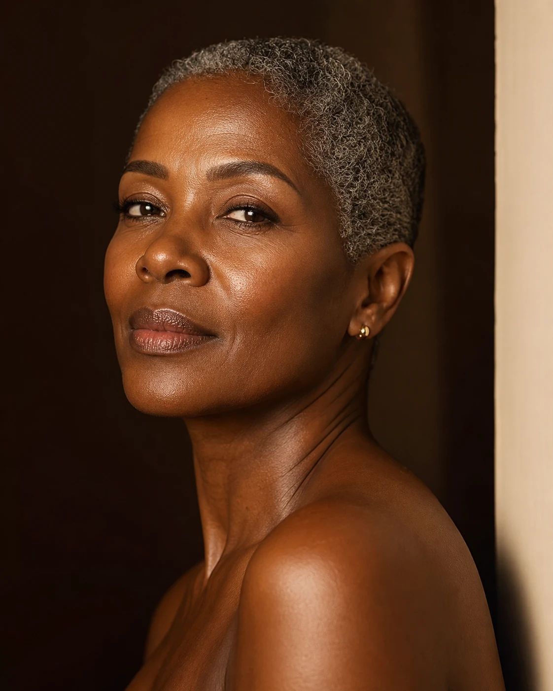 Mulher negra madura em retrato editorial com pele natural e luminosa