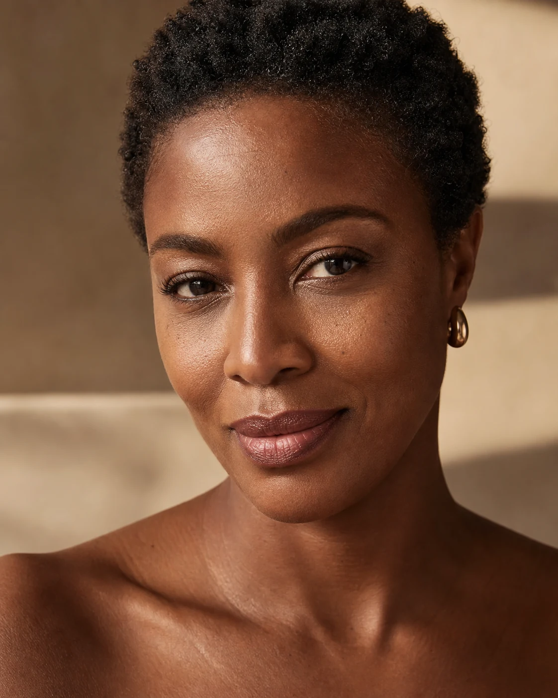 Mulher negra retinta com expressão natural em retrato de beleza